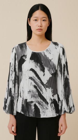 BCBGMAXAZRIA Black & White Pleated Brushstroke Top – Size L