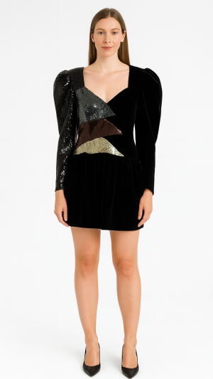 Dundas Black Velvet & Sequin Colorblock Top – Size 38