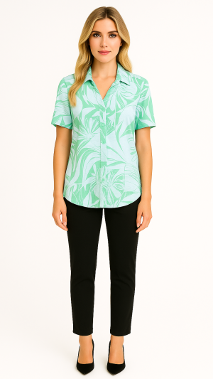 Boho Chic Green and White Floral Shirt – Size XS