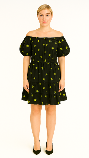 Eberjey Black Floral Button-Back Dress, Size M