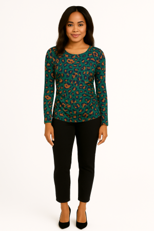Tahari ASL Green Leopard Print Long Sleeve Top - Size S