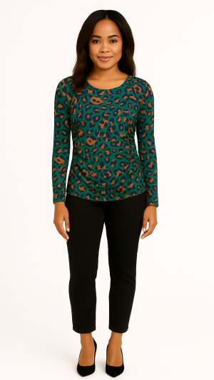 Tahari ASL Green Leopard Print Long Sleeve Top - Size S